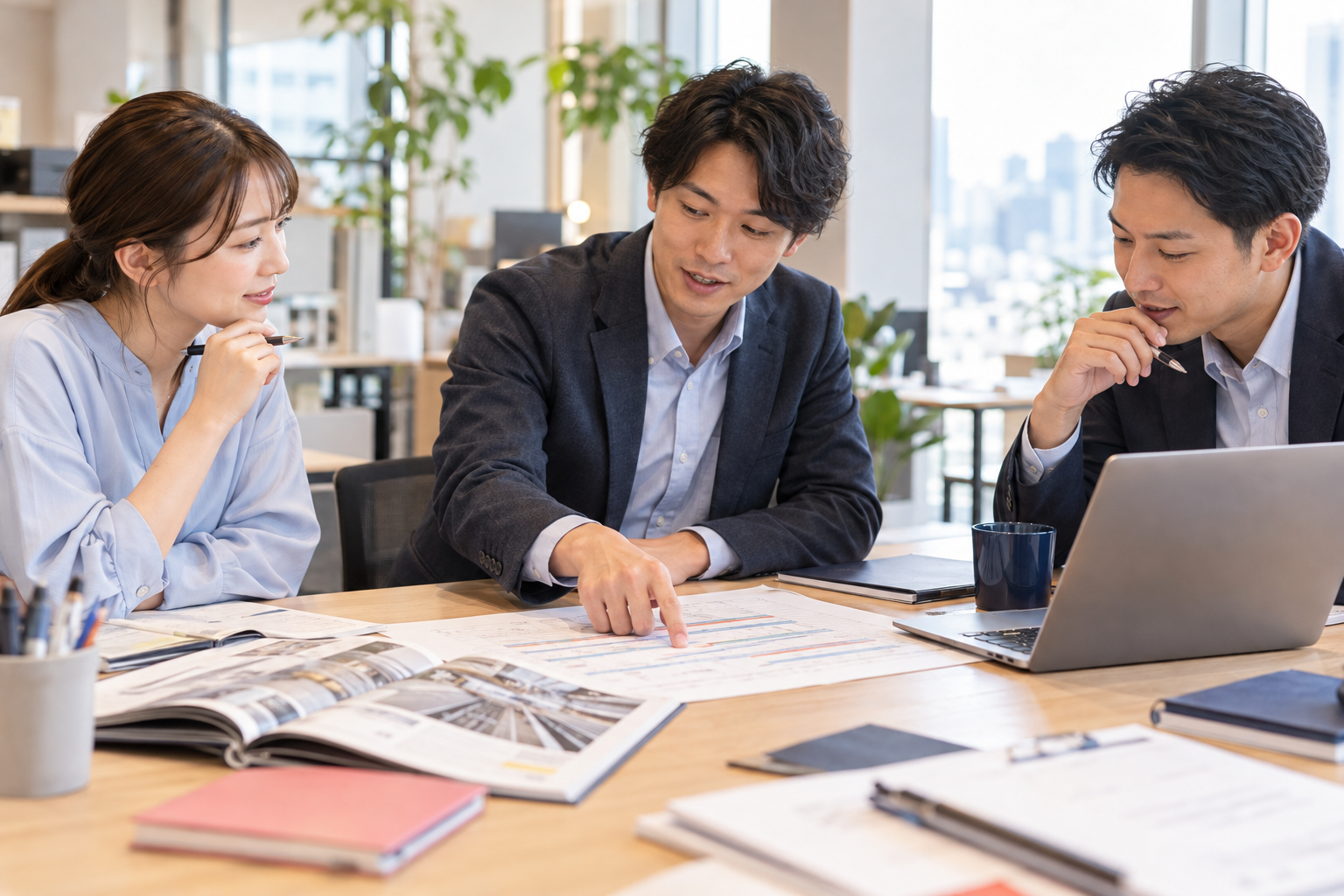 資料を囲んで仕事の進め方を相談するオフィスのチーム